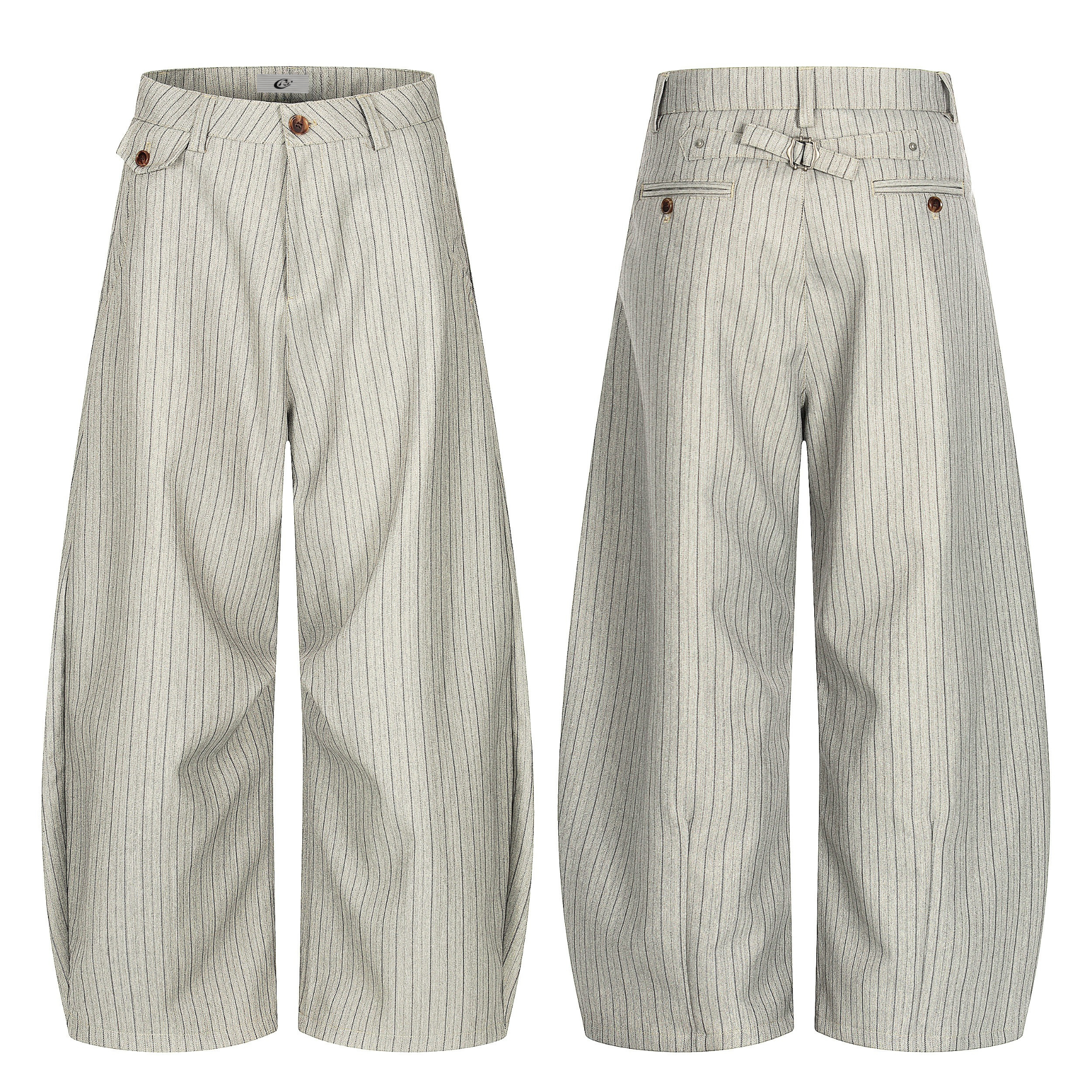 Front and back view of light grey pinstripe barrel leg trousers with pleats, brown buttons and adjustable back buckle