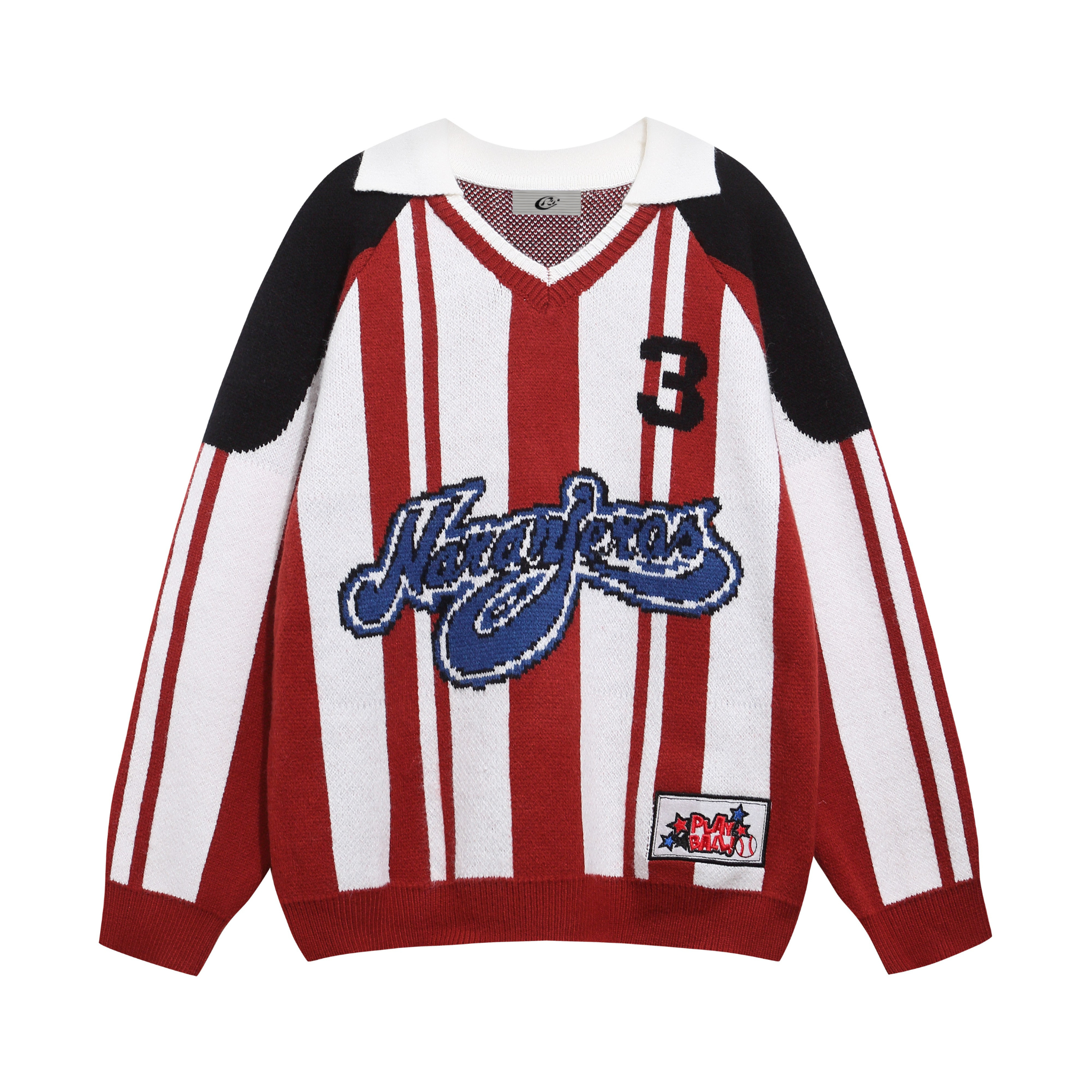 Red and white vertical stripe varsity knit sweater with black shoulder panels, Naranjeros script logo, and number 3 detail