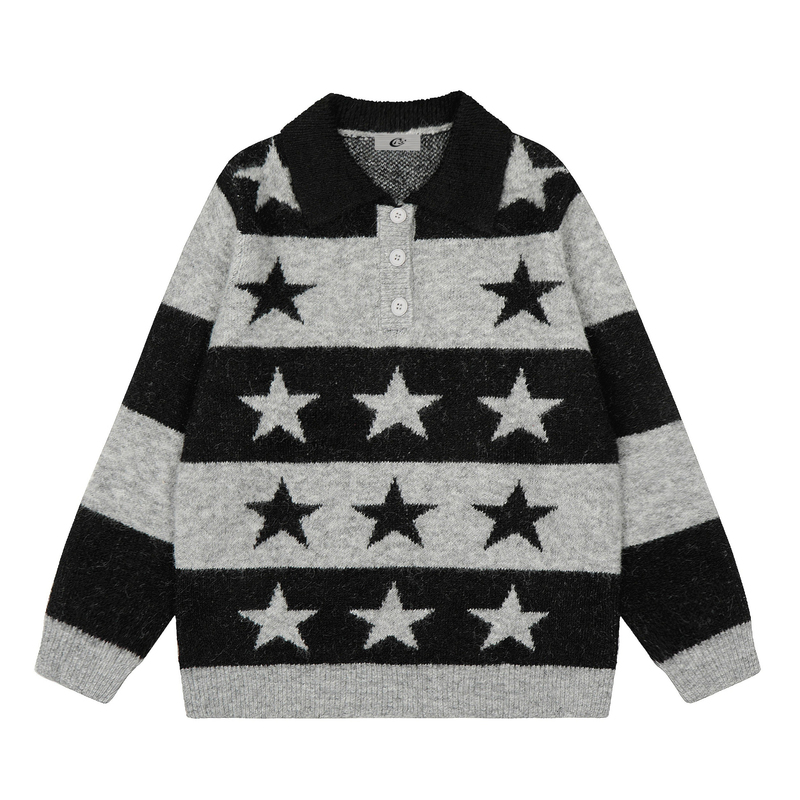 Black and gray knit polo sweater with white star pattern, front view