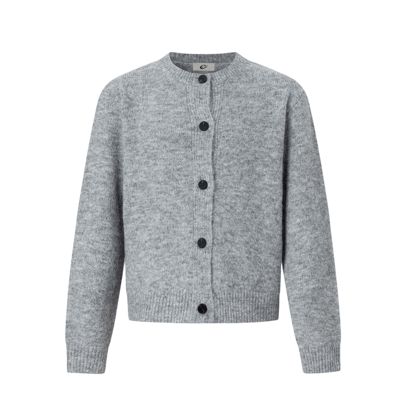 Light gray crew neck cardigan with black buttons, front view