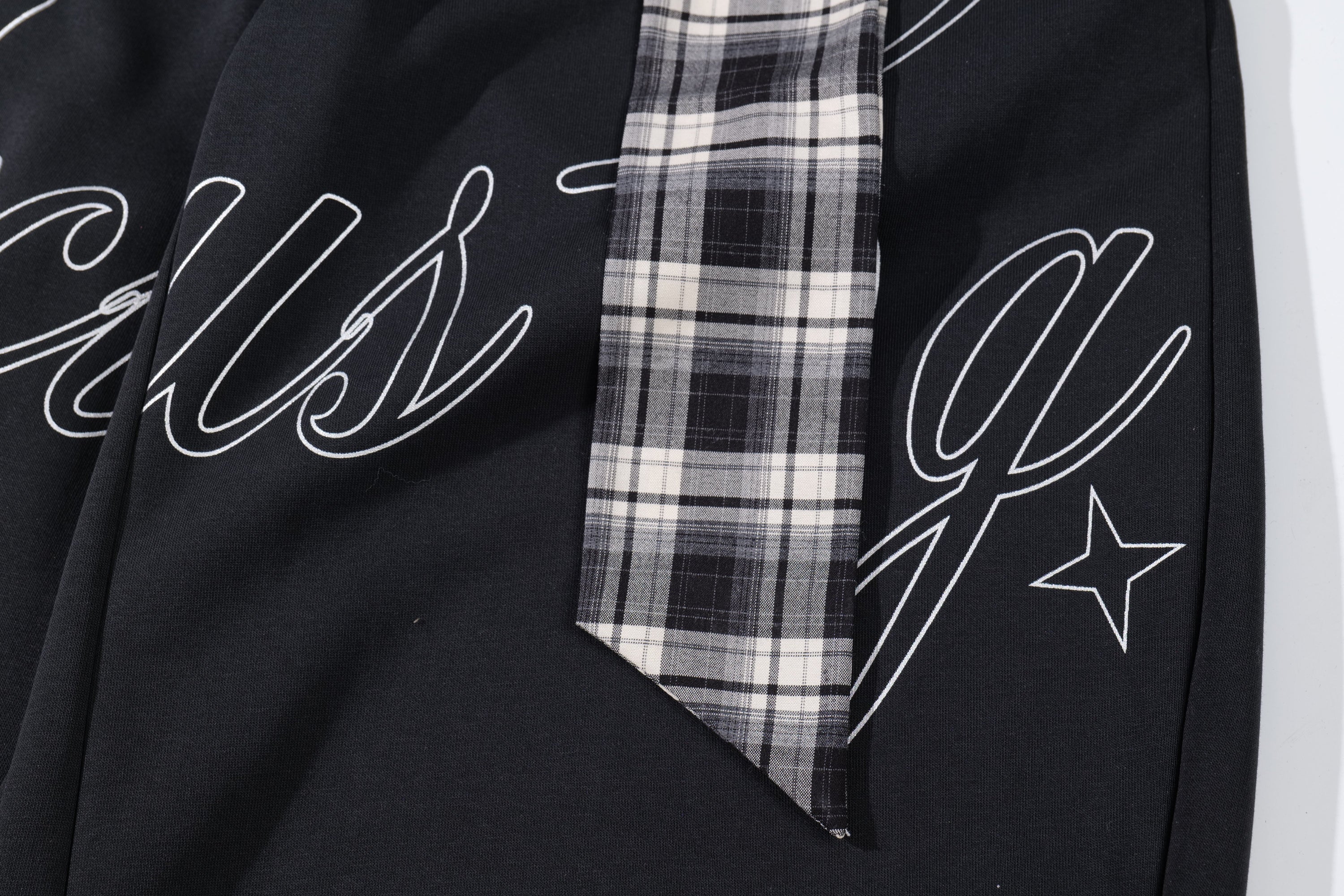 Omirad Plaid-Waist Barrel Track Pants | Bold Script Print