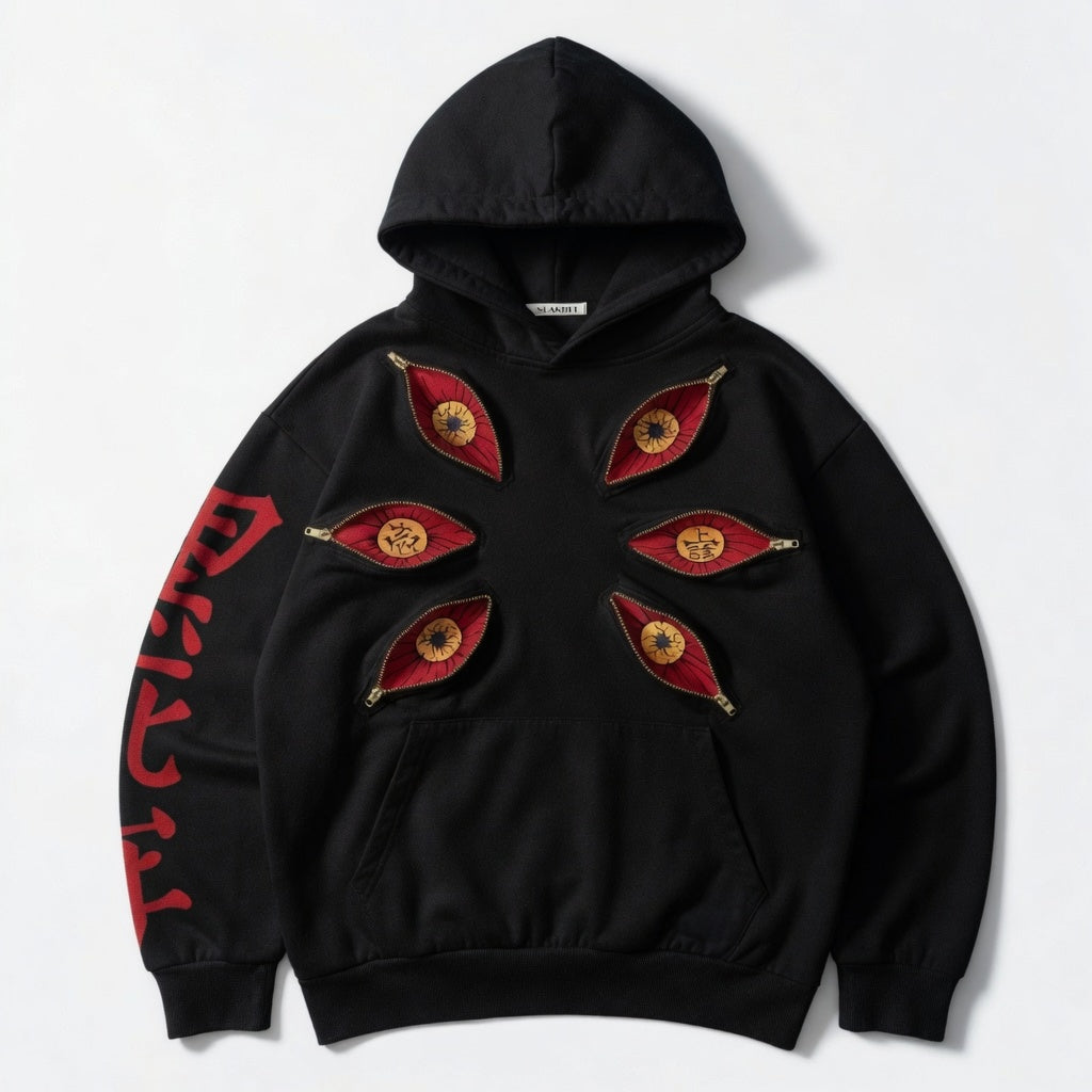 Six-Eyed Embroidered Pure Cotton Hoodie – Dark Eastern Aesthetic Streetwear