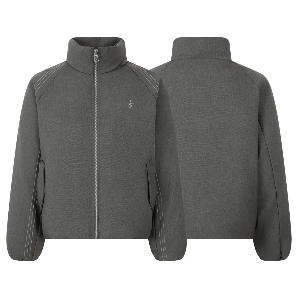 Front and back view of the Omirad charcoal grey contrast-stitch technical jacket with stand collar and full zip