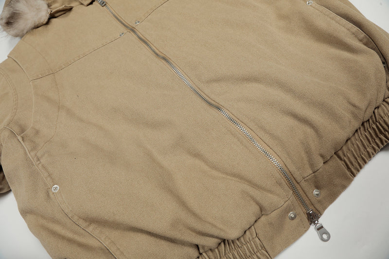 Detachable Fur Collar Washed Workwear Bomber Jacket