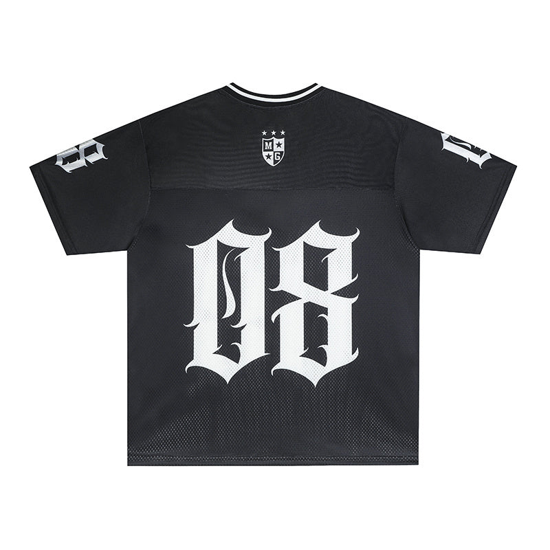 Black oversized mesh jersey with gothic 08 graphic and white varsity-style print on the back