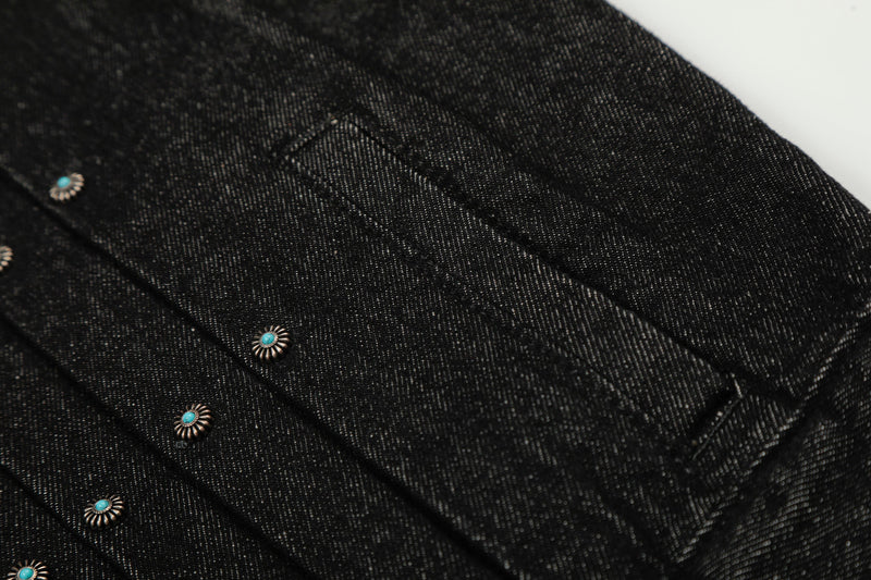 Metal Buckle Pleated Black Denim Jacket | Cropped Boxy Fit