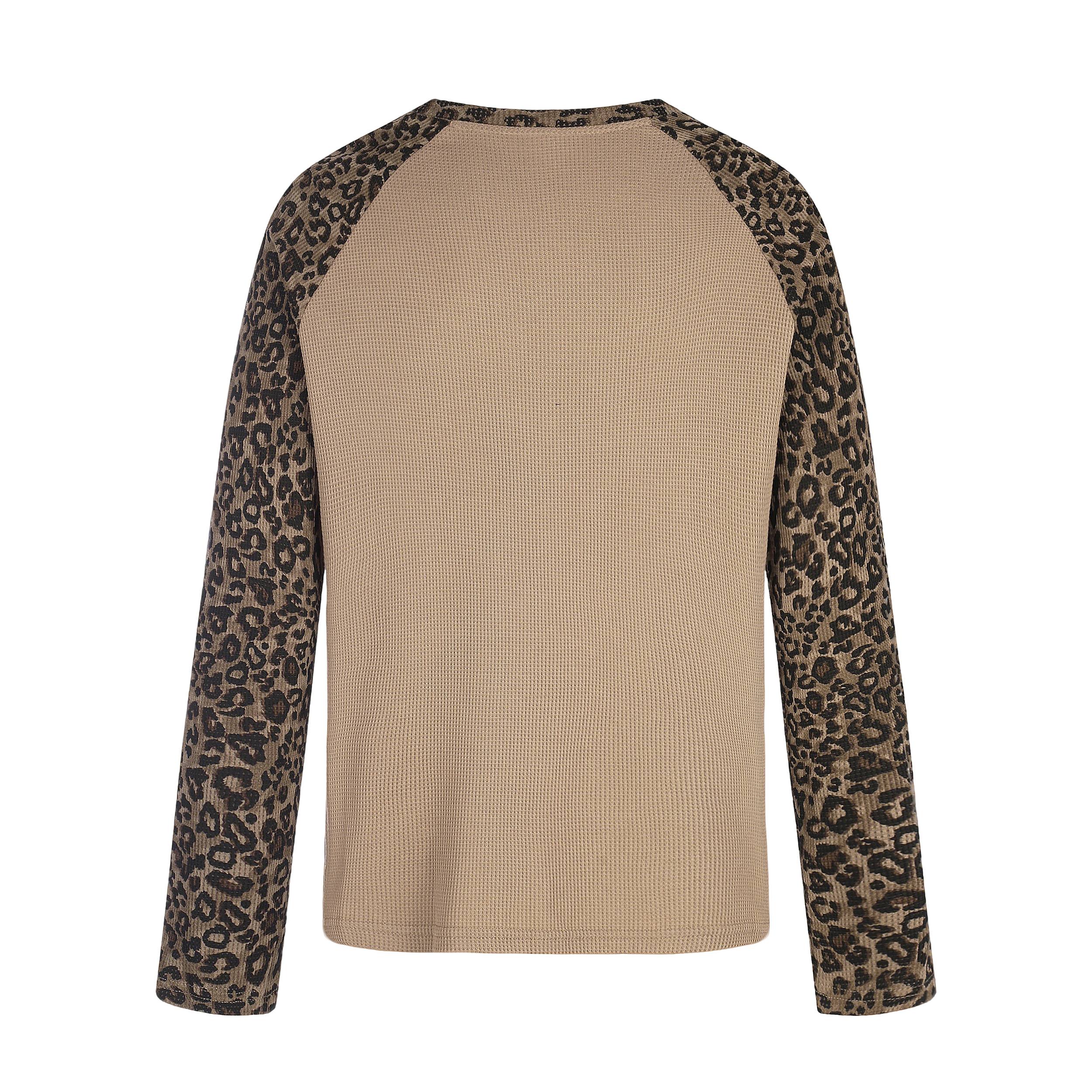 Leopard Raglan Sleeve Graphic Waffle Knit Long Sleeve T-Shirt