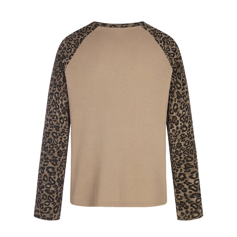 Back view of tan waffle knit long sleeve shirt with leopard raglan sleeves