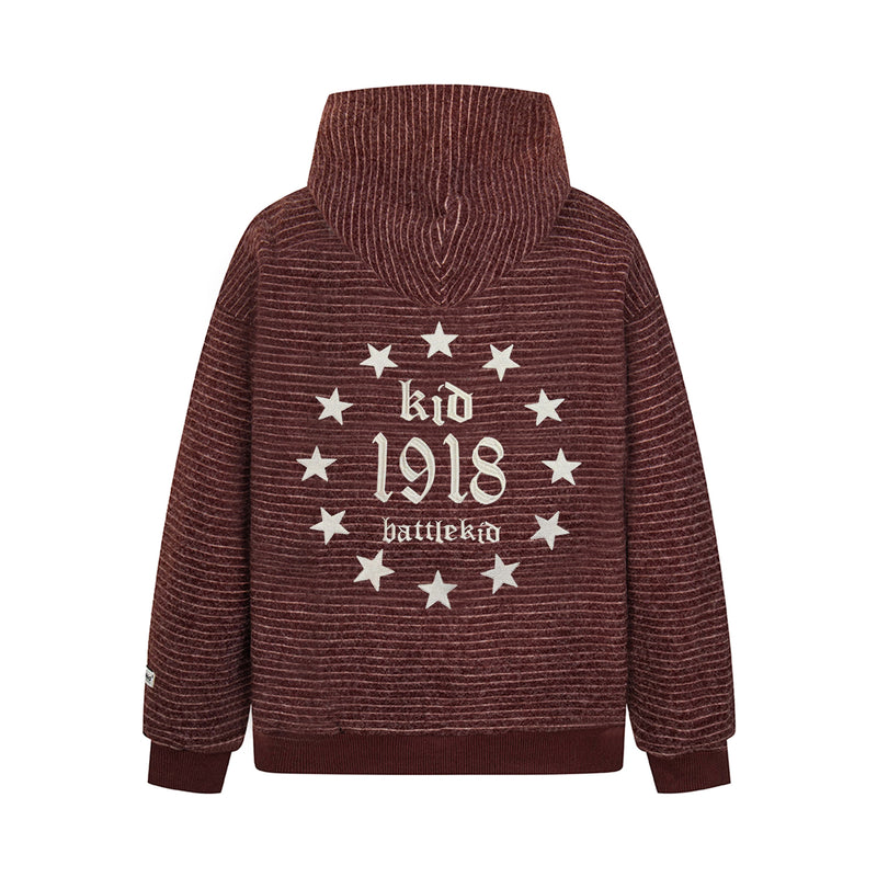 Back view of burgundy striped knit zip hoodie with large Battlekid 1918 star graphic