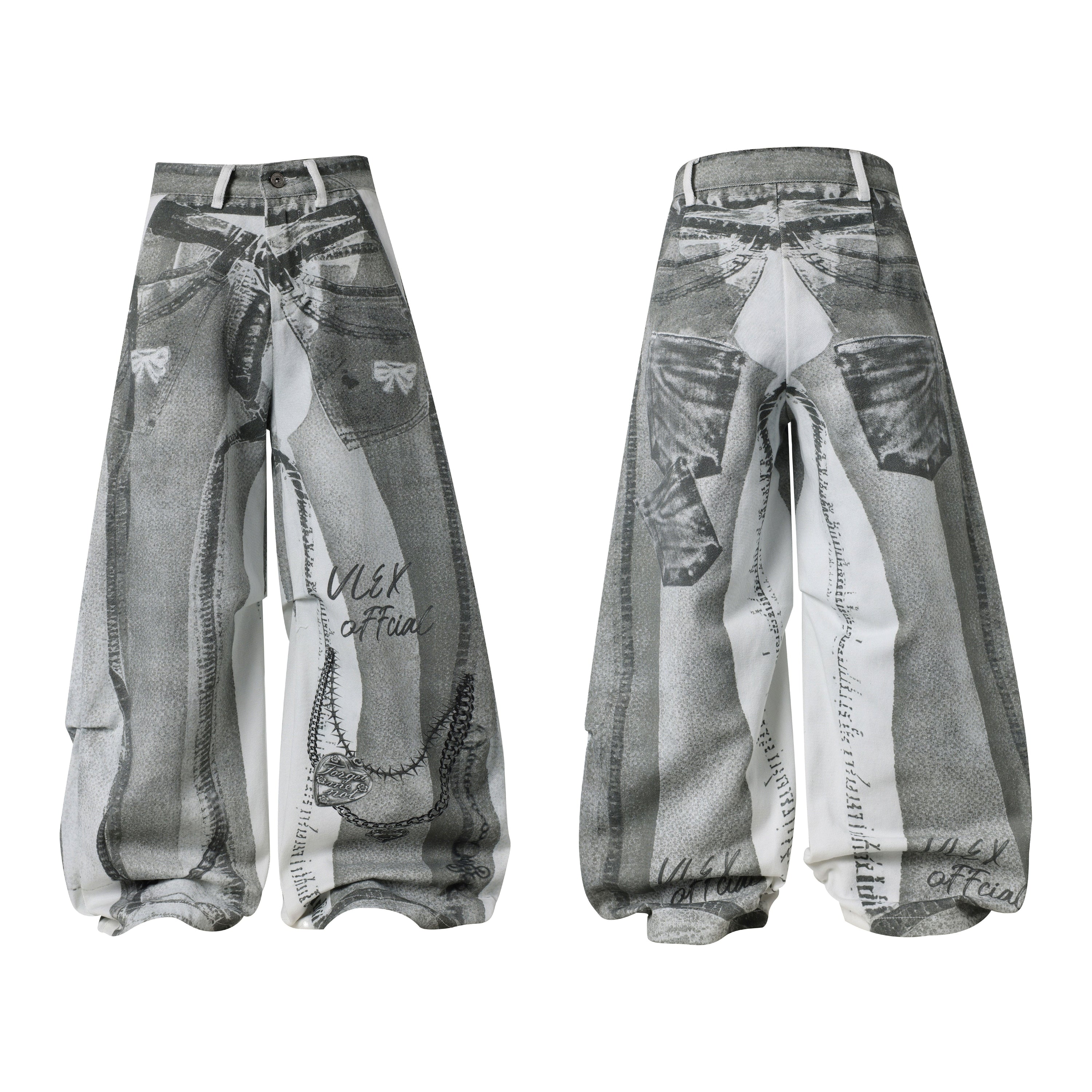 Front and back view of wide-leg pants with grayscale denim collage graphic print and handwritten script details