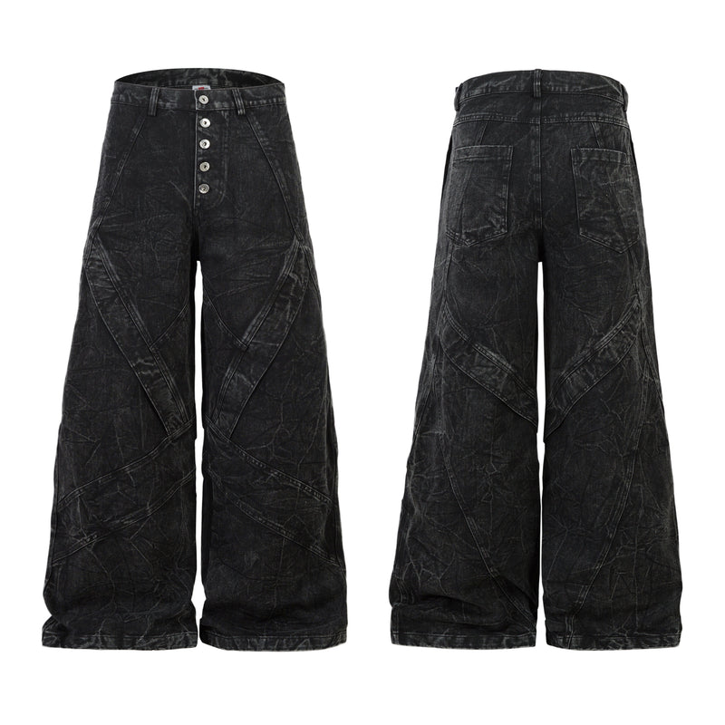 Front and back view of black crinkle-wash wide-leg jeans with multi-panel seam detailing and button fly
