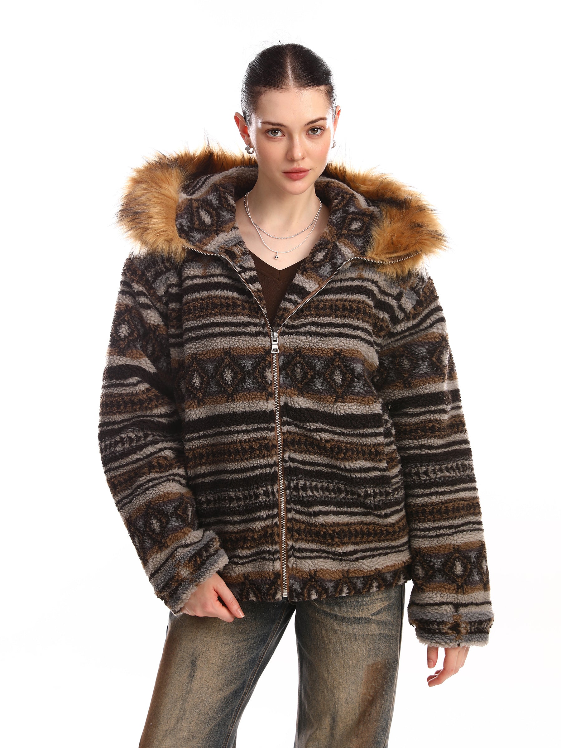 Nordic Faux Fur-Trim Hooded Zip Jacket | Ethnic Pattern
