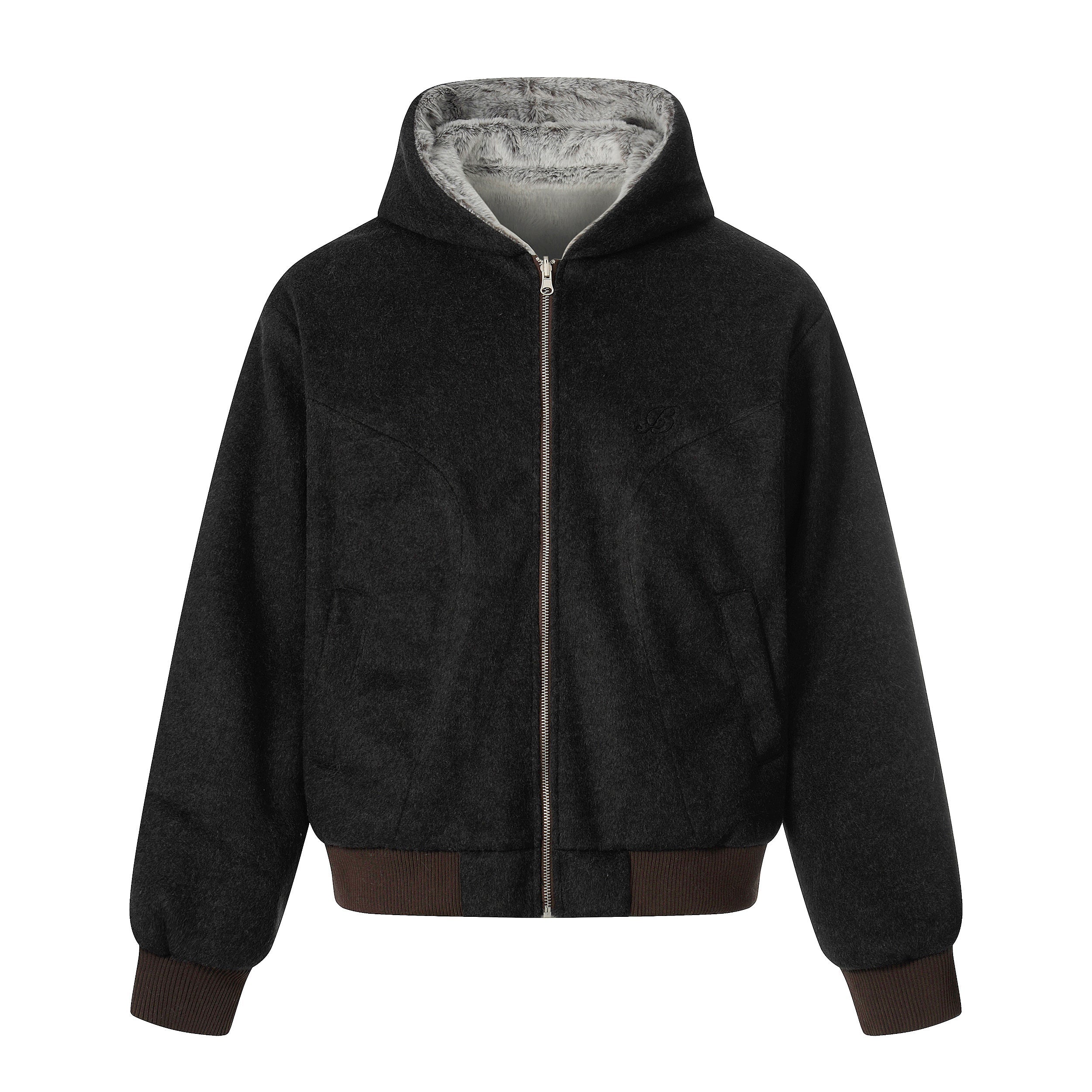Wool Blend Fleece Hooded Bomber Jacket | Omirad