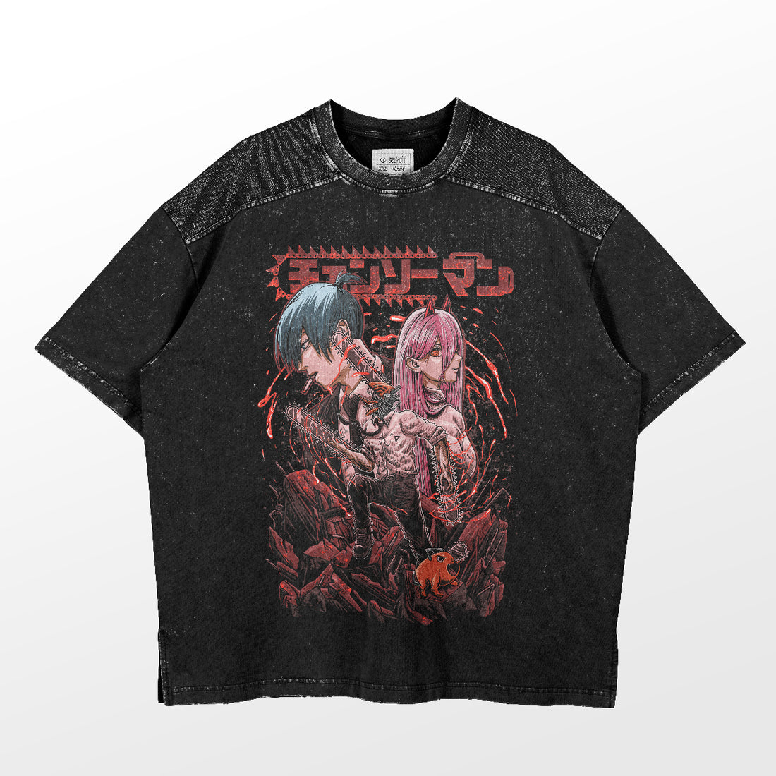 The Dynamic Chainsaw Man Trio T-Shirt by Chainsaw Man features a black tee with Aki, Power, and Denji surrounded by dark abstract shapes and bold red Japanese text, making this anime apparel truly stand out.