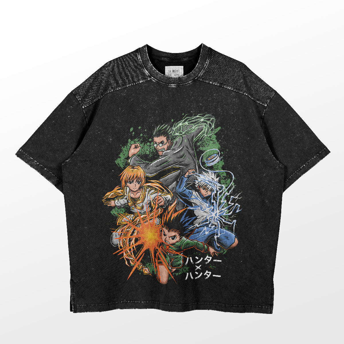 The Hunter x Hunter Team Battle Graphic T-Shirt features four characters in dynamic poses with colorful energy effects and Japanese text, embodying anime action apparel. This black shirt's distressed style makes it ideal for Hunter x Hunter fans.