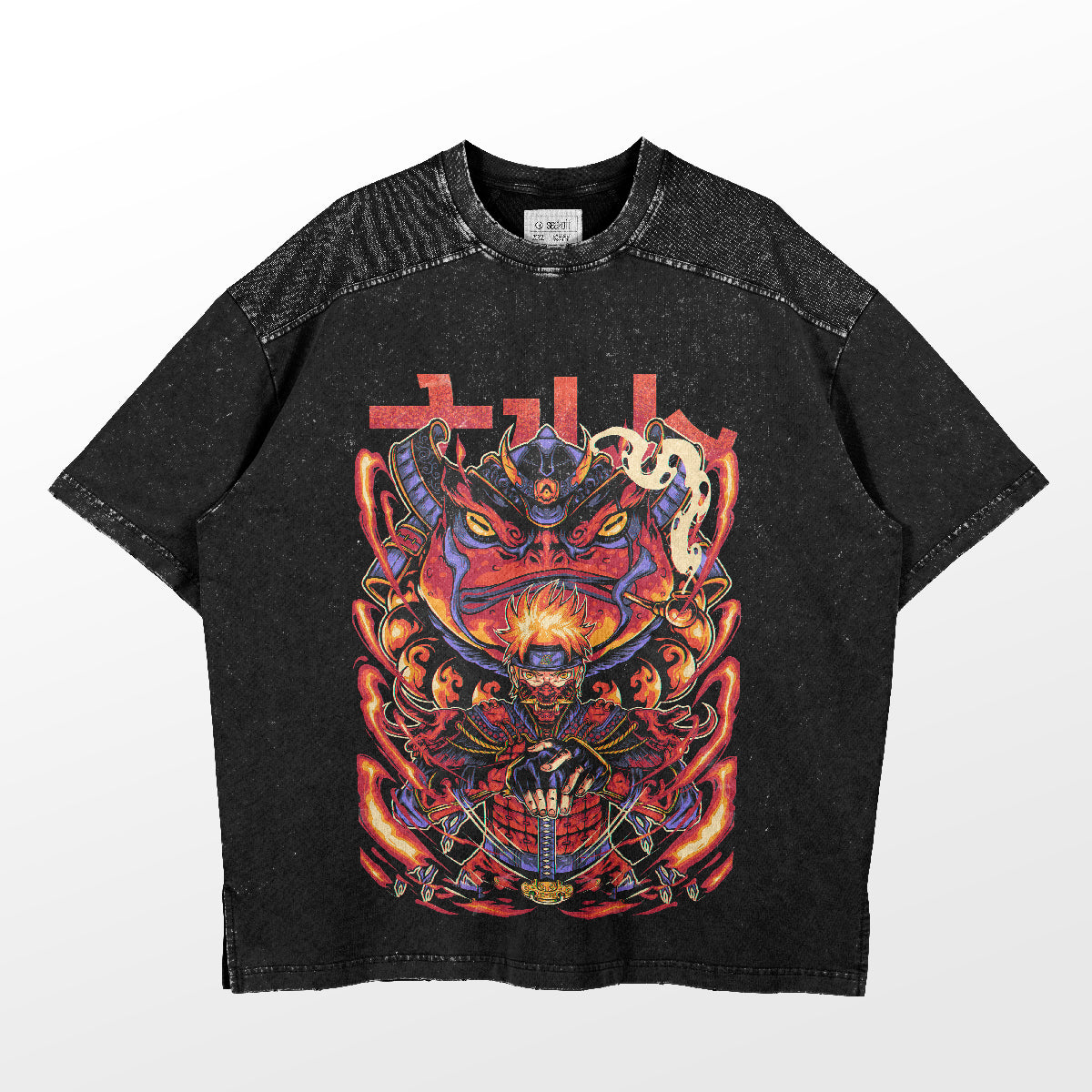 The Naruto Samurai T-Shirt from Naruto features a vivid anime design of a fierce creature, flames, and abstract shapes on the front. This black premium apparel has textured shoulders and sleeves, making it an essential addition to any exclusive Naruto collection.