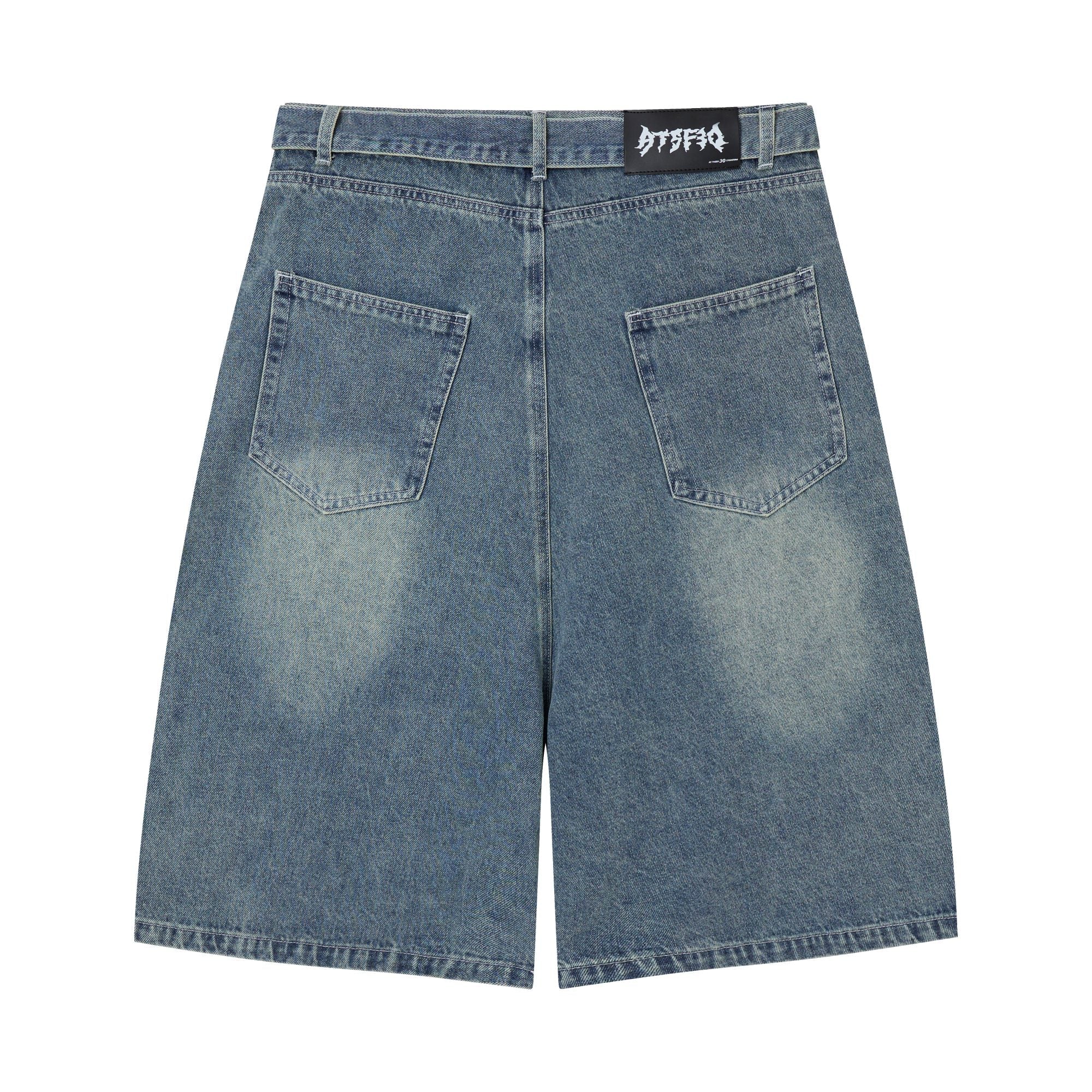 Spiderweb Panel Strap Denim Shorts | Washed Black Streetwear