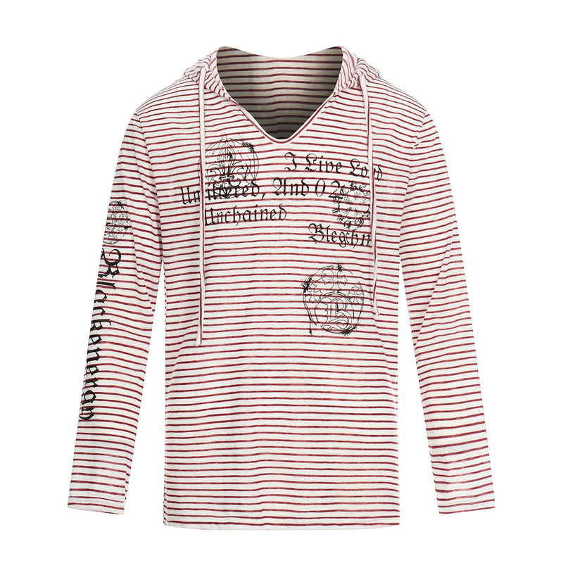 Red striped hoodie tee with black gothic print, front view