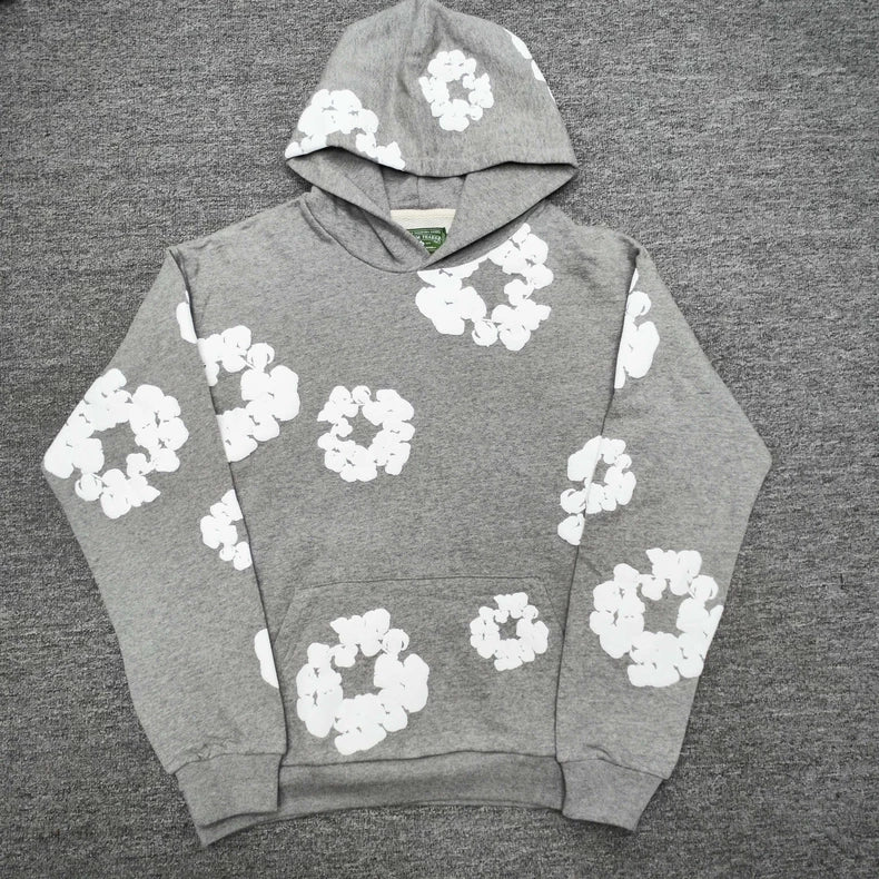 Gray “Cotton Wreath” Denim Tears Hoodie – White Floral Print Streetwear Pullover