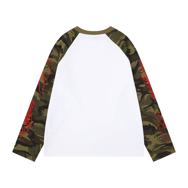 White raglan long sleeve tee with camouflage sleeves and red script, back view