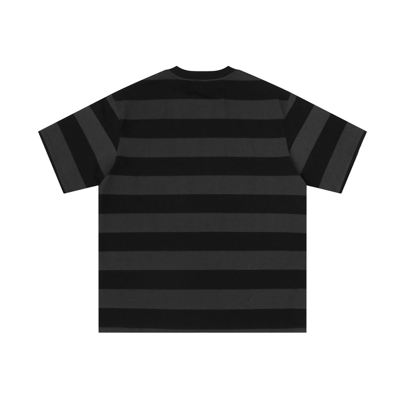 Black oversized striped graphic tee with wide short sleeves and bold horizontal bands on a white background
