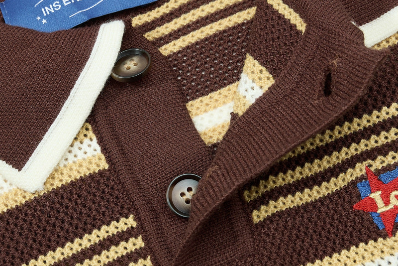 Close-up of a brown retro knit polo with cream stripes, textured geometric pattern, and dark buttons, showing collegiate-inspired detail
