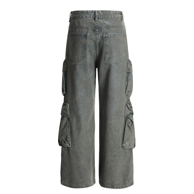 Dark gray cargo denim pants, back view with patch pockets and side flaps