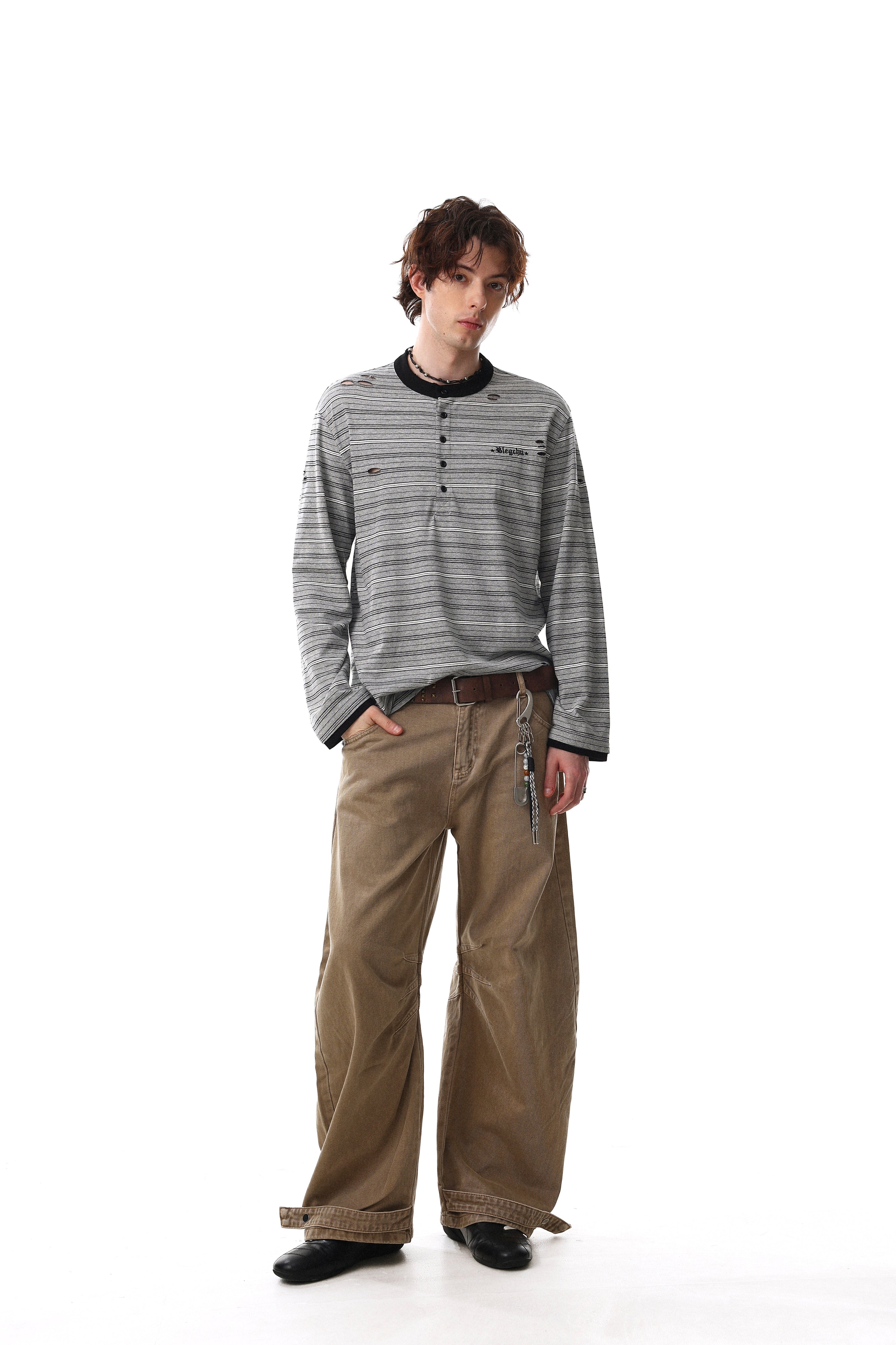 Men's Striped Henley Long Sleeve Tee | Distressed Streetwear