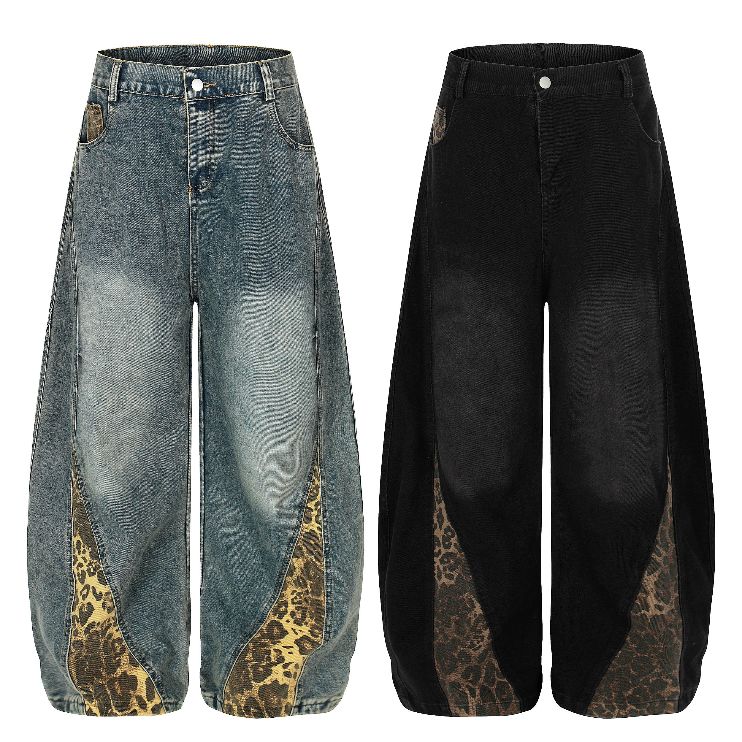 Front view of wide-leg denim jeans in blue and black wash with curved leopard-print contrast panels on the lower leg