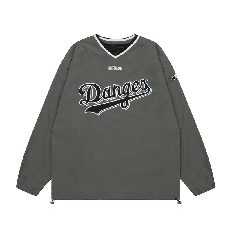 Dark gray varsity windbreaker pullover with black and white V-neck trim and front Danges graphic
