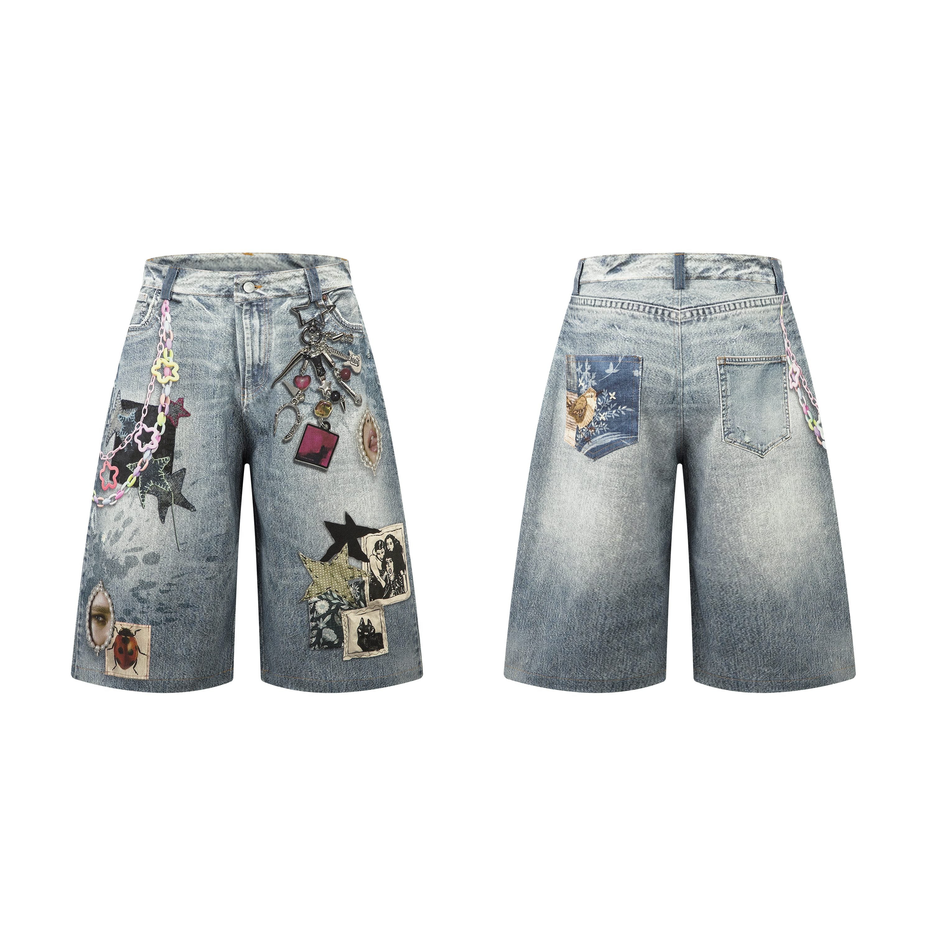 Omirad washed denim shorts with star patches, charm chain, retro photo prints and embroidered details, front and back view