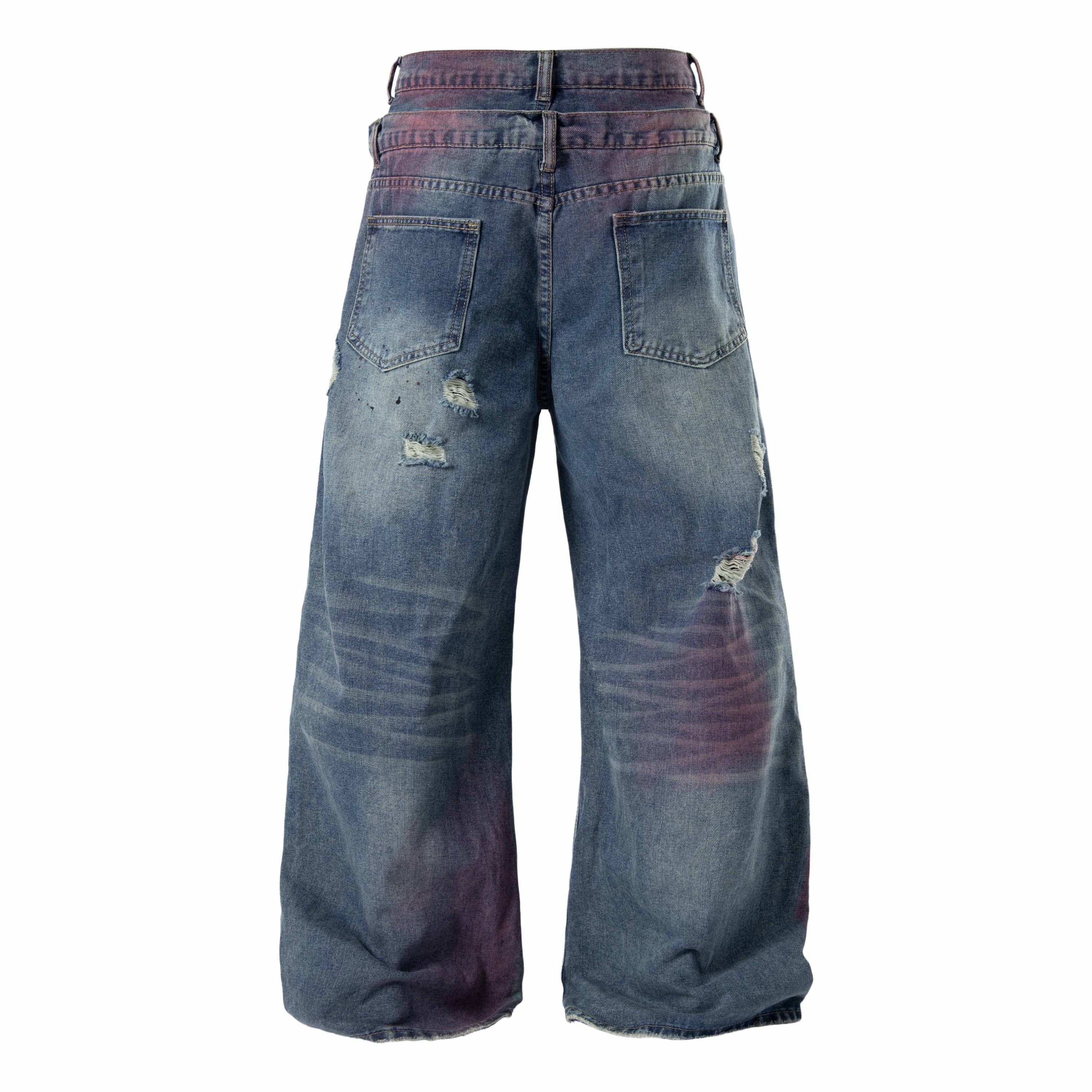 Omirad Distressed Washed Wide-Leg Jeans | Heavy Rip Denim