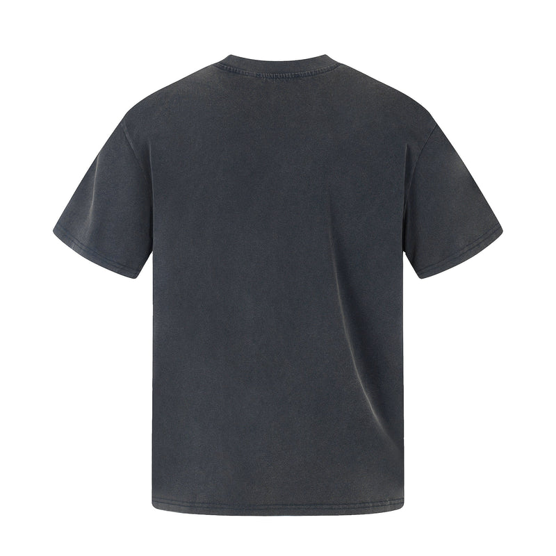 Vintage washed black graphic tee with oversized fit, shown from the back on a clean white background