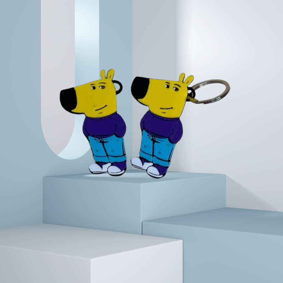 Two identical keychains from the Chill Guy Keychain Set – 10-Piece Meme-Inspired Collection, featuring characters with yellow heads and blue outfits, are displayed on a white and light blue step-like structure. Made of high-quality acrylic, these keychains add fun to your accessories.