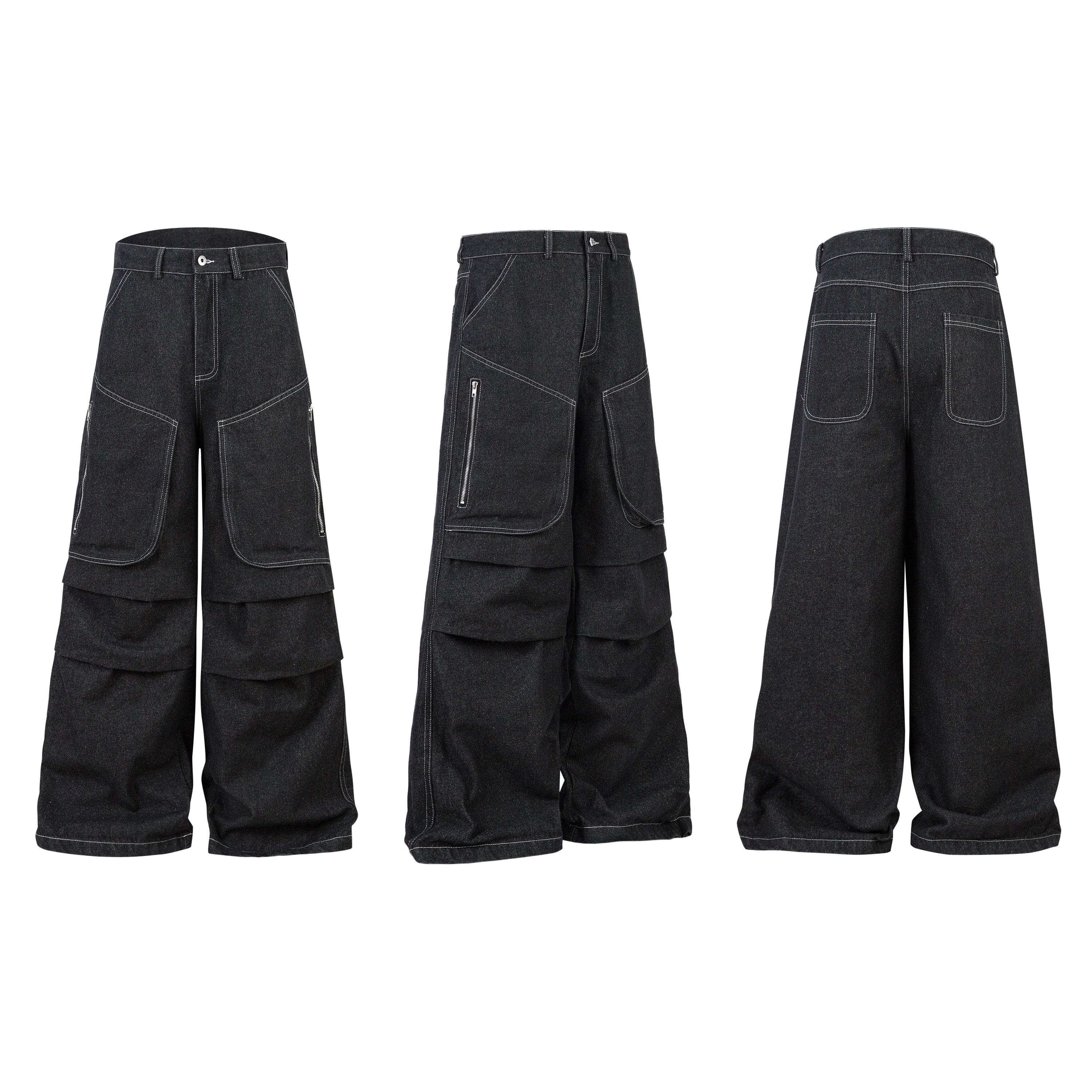 Omirad Stacked Cargo Wide-Leg Jeans | Black Denim