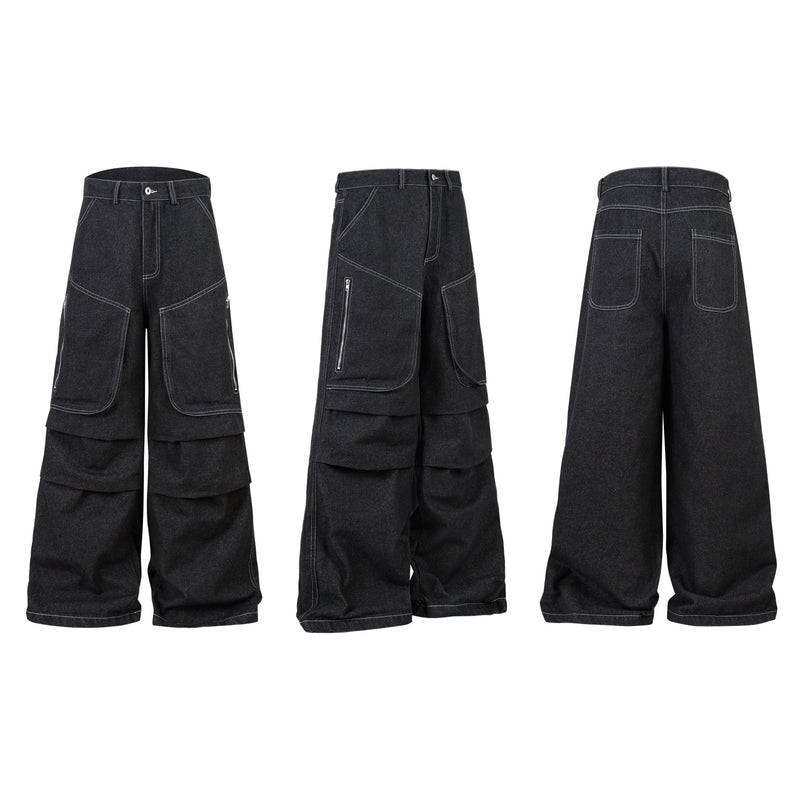 Omirad Stacked Cargo Wide-Leg Jeans | Black Denim