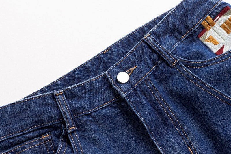 Omirad Embroidered Wide-Leg Cotton Denim Pants | Deep Blue
