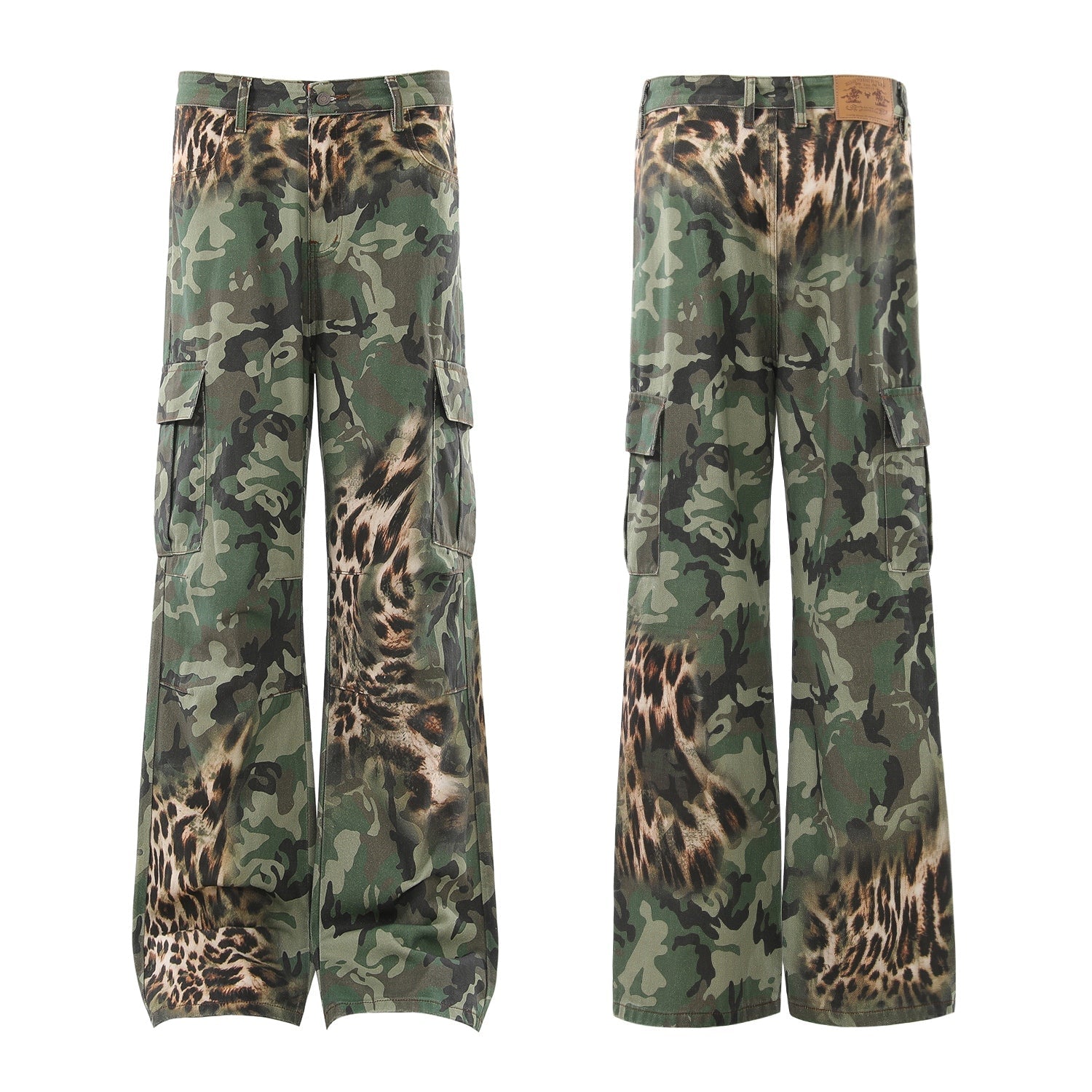 Front and back view of wide-leg cargo pants with military camouflage and leopard print overlay