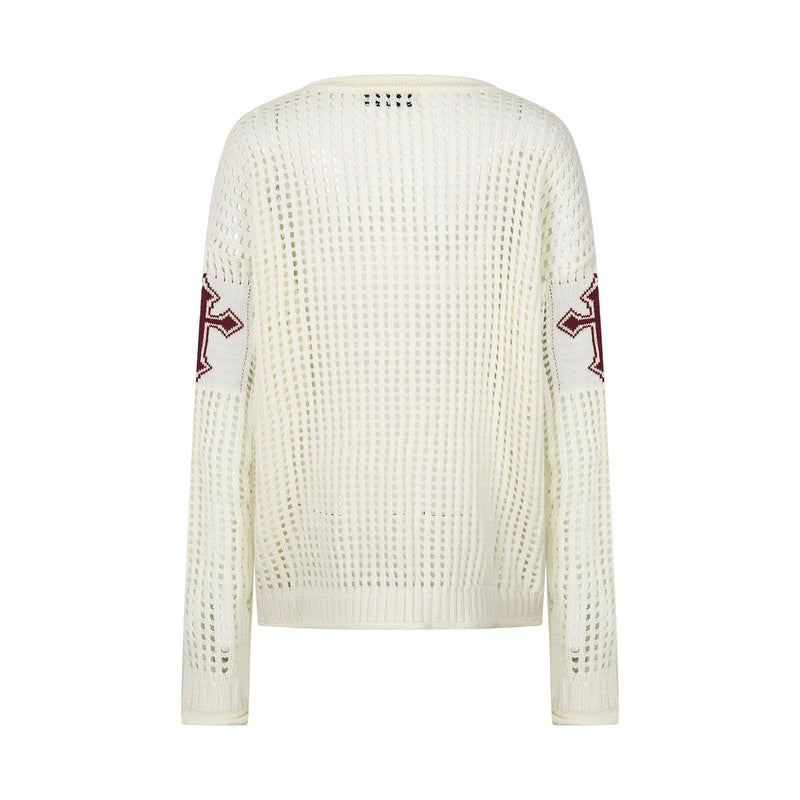 Cream open-knit crewneck sweater back view with ribbed hem and shoulder detail