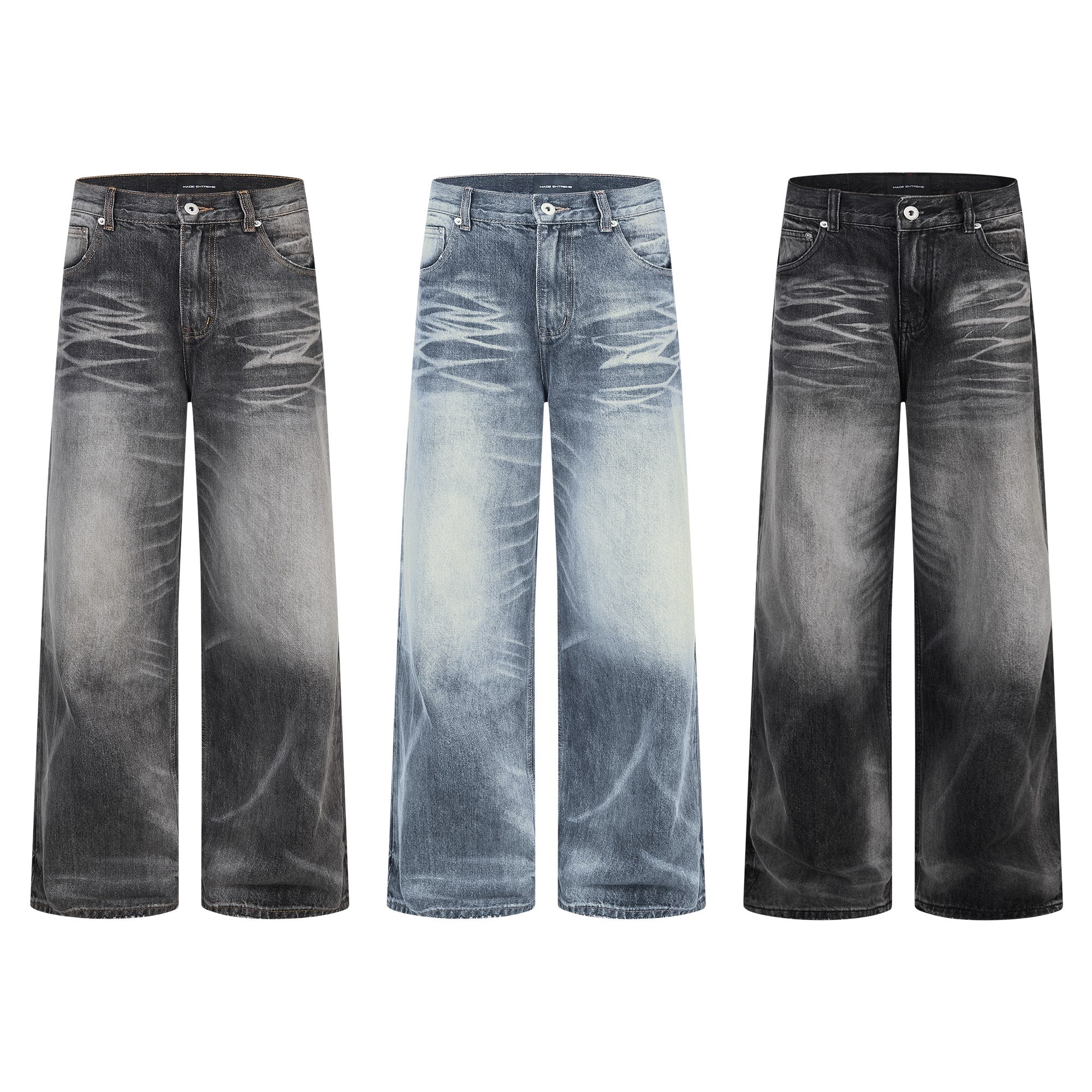 Three colorways of Omirad vintage faded wide-leg jeans in washed grey, light blue, and deep black with whisker detailing