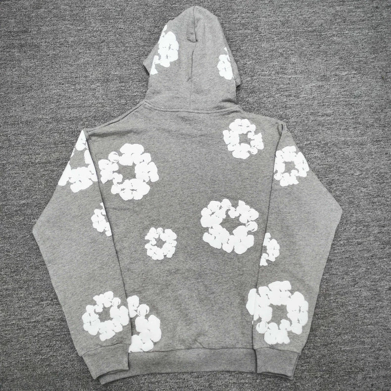 Gray “Cotton Wreath” Denim Tears Hoodie – White Floral Print Streetwear Pullover