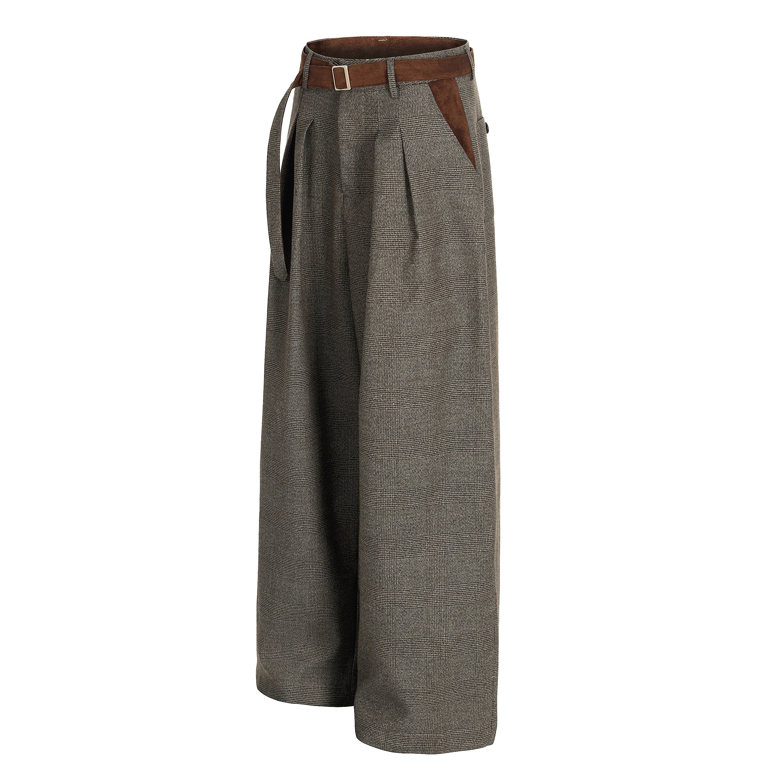 Wide-Leg Plaid Suit Trousers with Suede Trim & Belt