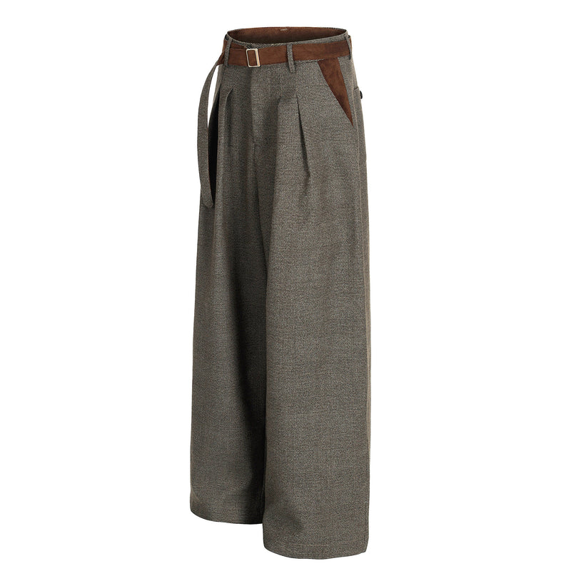 Wide-Leg Plaid Suit Trousers with Suede Trim & Belt