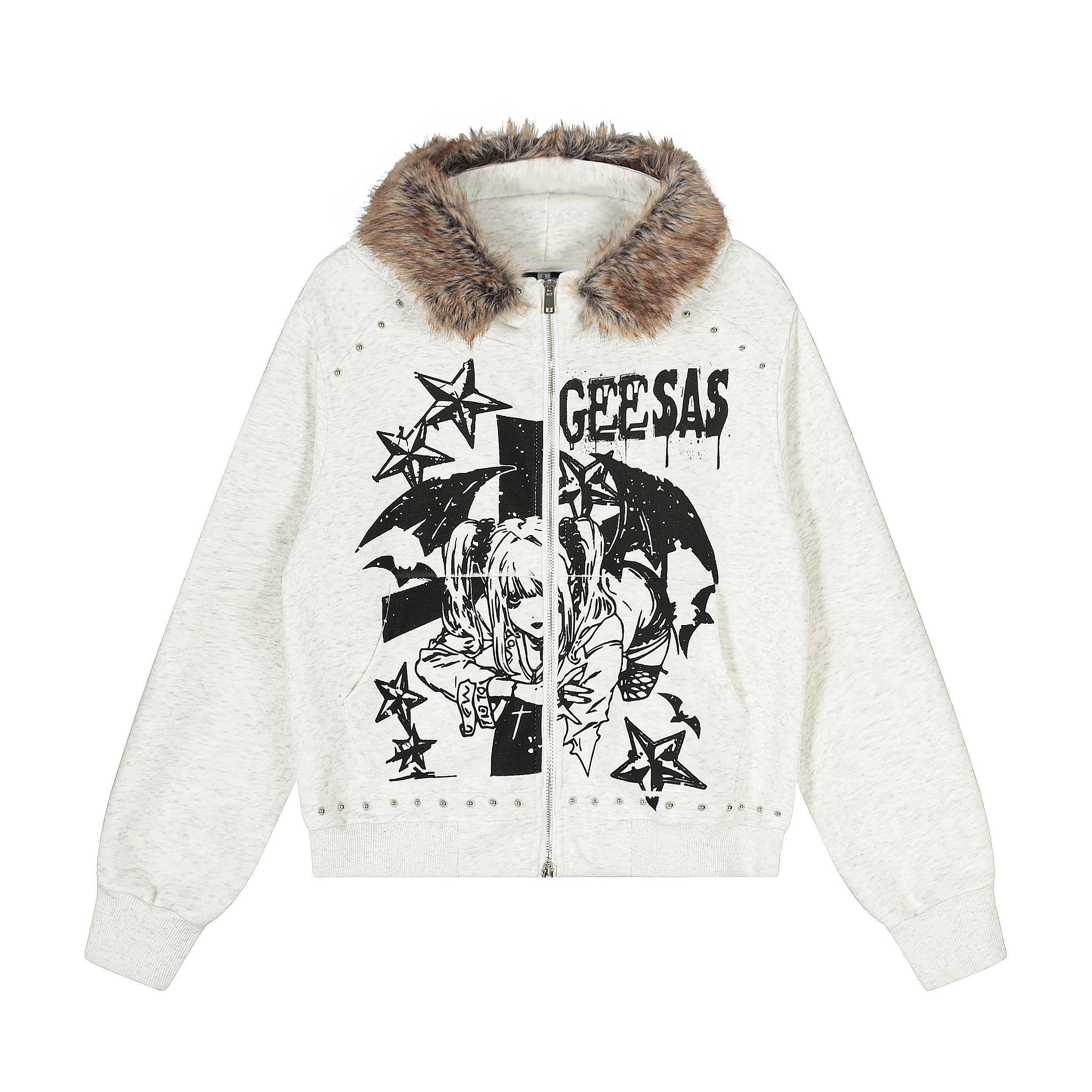 Faux-Fur Collar Anime Graphic Zip Hoodie | Studded Streetwear