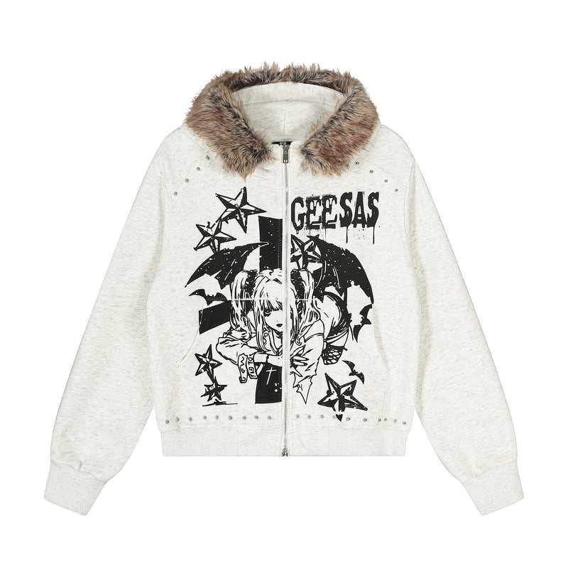 Front view of white zip hoodie with faux-fur collar, black anime graphic and studded details