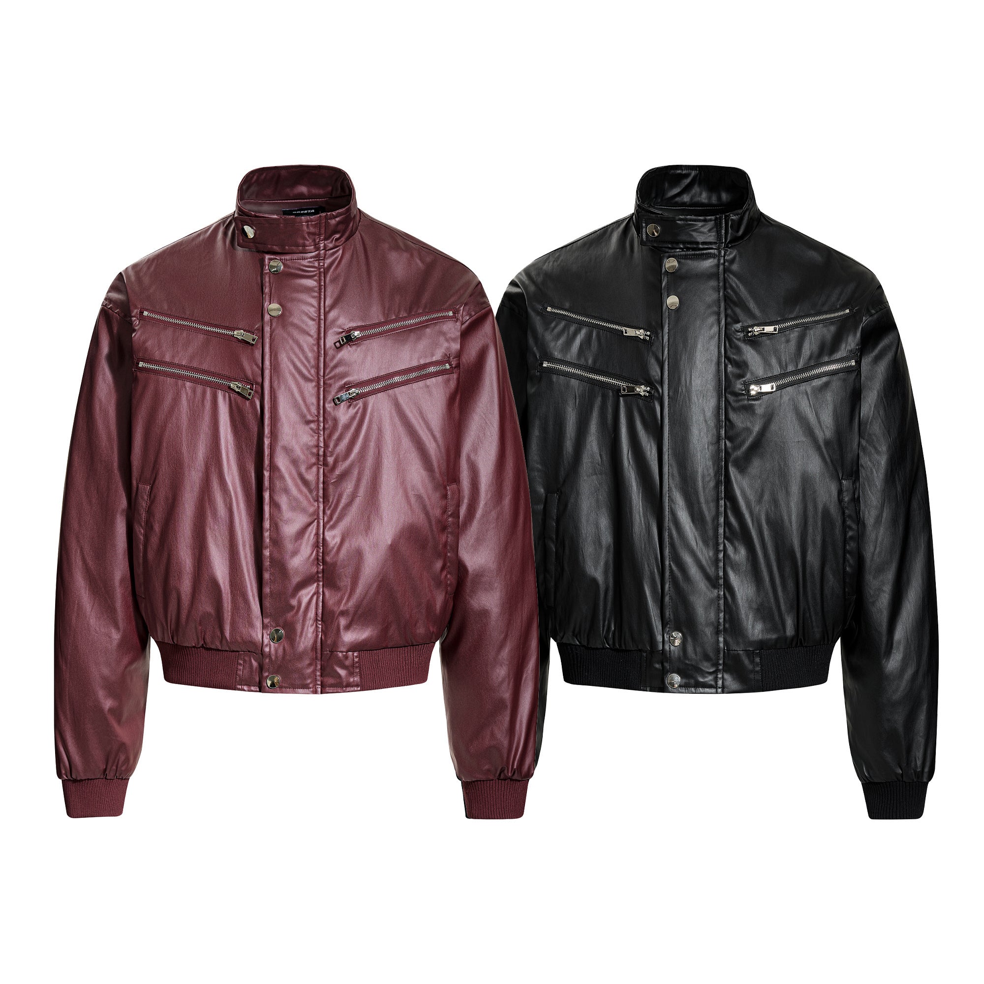 Omirad Dual-Zip PU Bomber Jacket shown in burgundy and black colorways, front view on white background