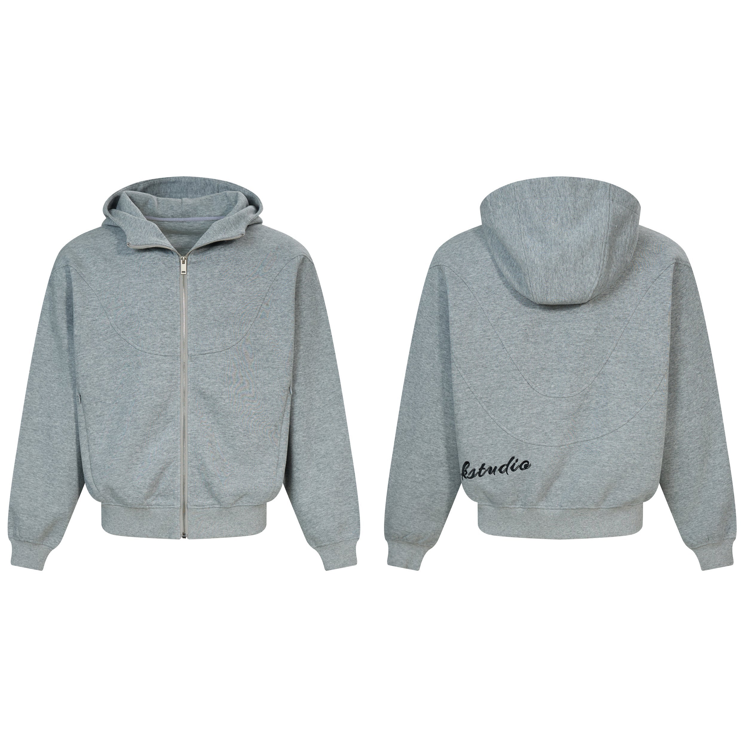 Grey heather full-zip hoodie with curved seam paneling shown from front and back on white background