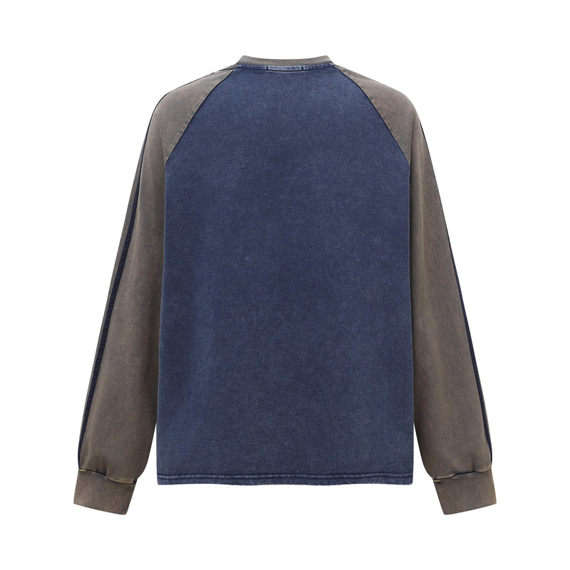 Back view of blue raglan long sleeve tee with tan sleeves and white side stripes