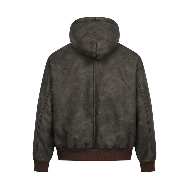 Omirad Vintage Hooded PU Jacket | Fleece-Lined Bomber