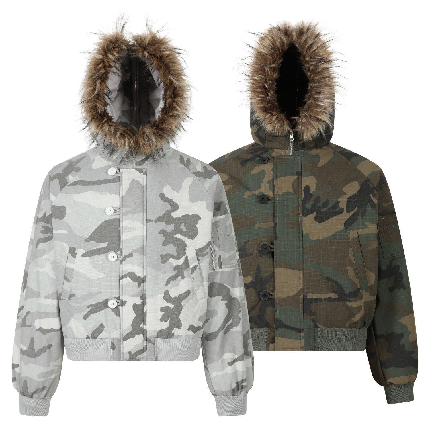 Grey arctic camo cropped bomber jacket with detachable brown faux fur hood trim, white buttons and sleeve zip pocket